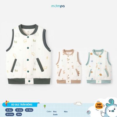 Áo gile cho bé Mompa 6 tháng - 3 tuổi vải Cotton chần bông mềm mại ấm áp cúc giữa 0150