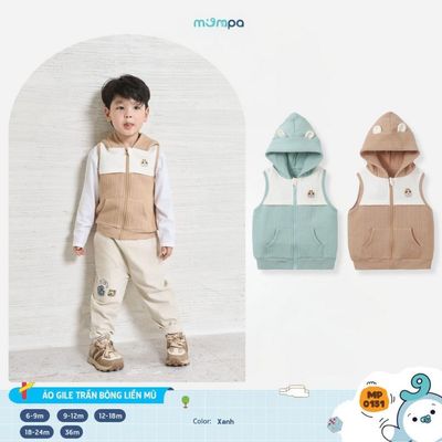 Áo gile cho bé Mompa 6 tháng - 3 tuổi vải Cotton chần bông có mũ mềm mại ấm áp khoá kéo 0151