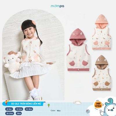 Áo gile cho bé Mompa 6 tháng - 3 tuổi vải Cotton chần bông có mũ mềm mại ấm áp cúc giữa 0152