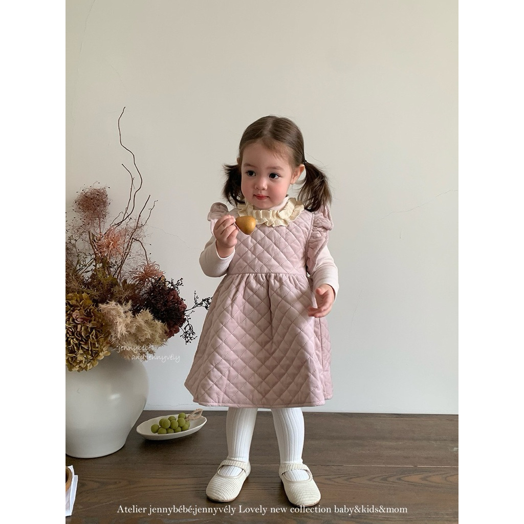 (Jenny Bé Bé) Set Áo Giữ Nhiệt Dài Tay Cổ Cao Và Váy Sát Nách Dáng Dài Dành Cho Bé Gái Mùa Thu Đông