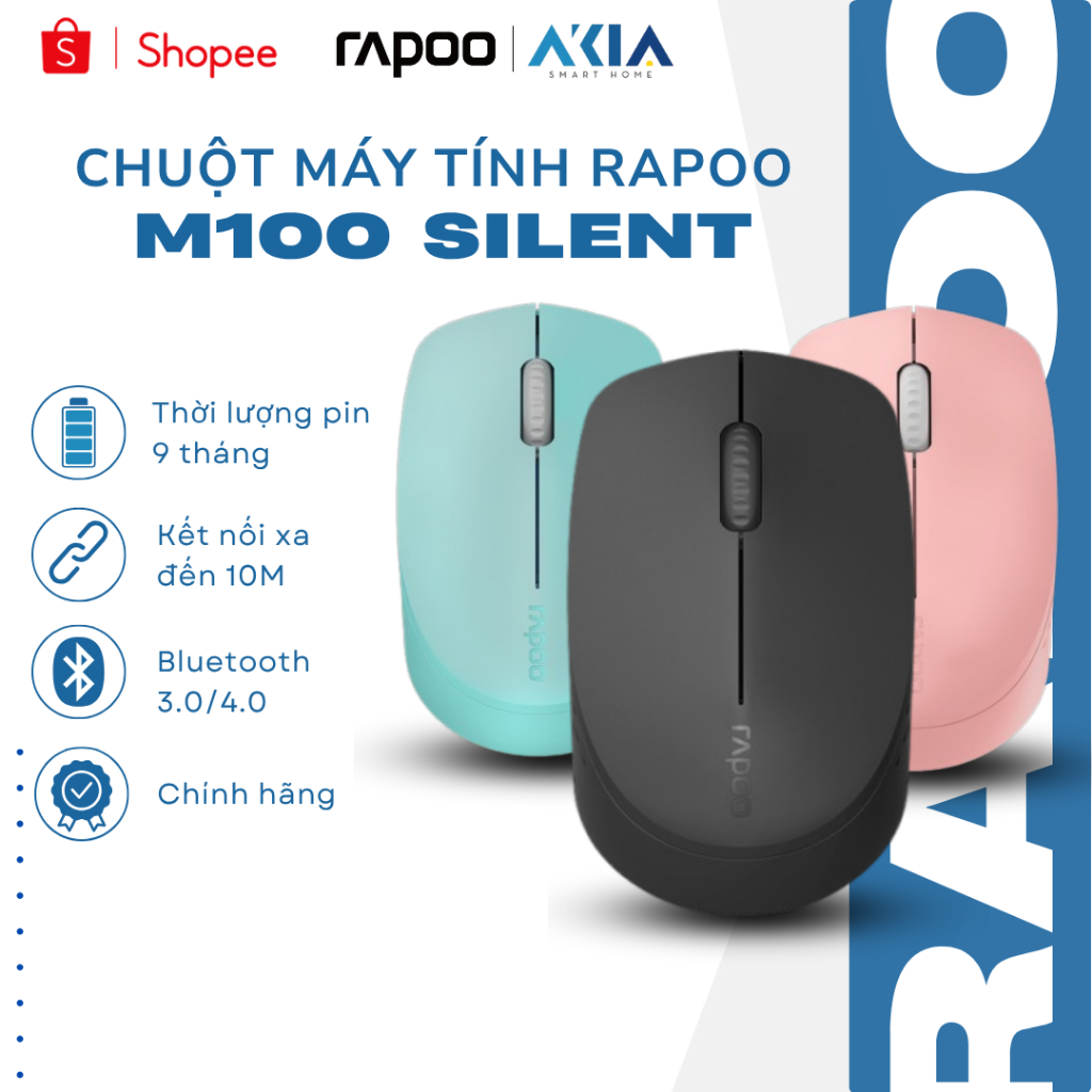 Chuột không dây Rapoo M100 Silent, chế độ im lặng không làm phiền, nhiều màu sắc, kết nối bluetooth