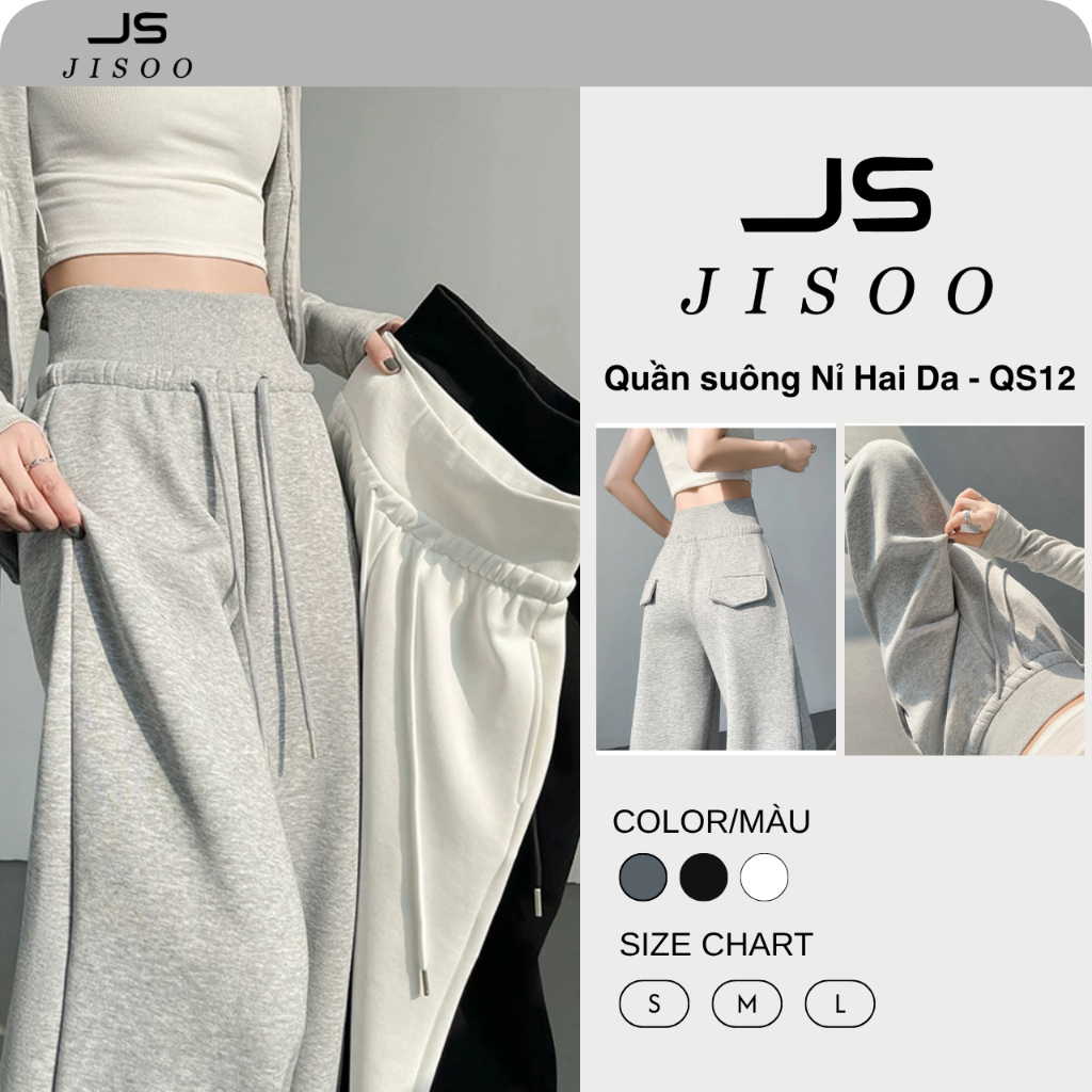 Quần ống rộng vải nỉ lì mịn JISOO FASHIONS lưng cao tôn dáng cạp chun co dãn dành cho nữ QS12