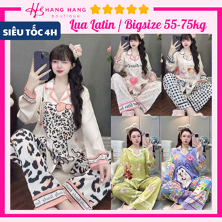 Đồ ngủ nữ bigsize 55-75kg, pijama dài tay dài lụa latin mịn mát 75DD03, đồ bộ nữ đồ mặc nhà thiết kế dễ thương