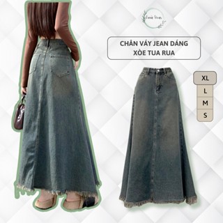 Chân váy jean dáng dài cạp cao, chân váy bò xòe dáng dài tua rua, chân váy jean thanh lịch A34