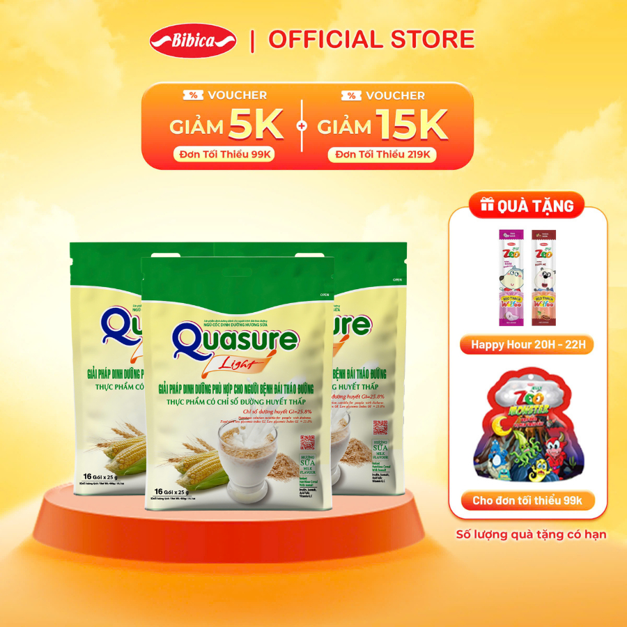 Combo 3 Túi Ngũ Cốc Quasure Light Sữa Bibica 400g, Thực Phẩm Dành Cho Người Ăn Kiêng, Tiểu Đường