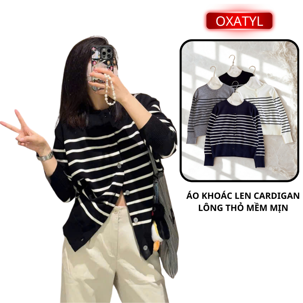 Áo khoắc len Cardigan Nữ dài tay Dệt Kim Kẻ Sọc Ngang Dáng Ôm Chất len lông thỏ mềm mịn OXATYL A05