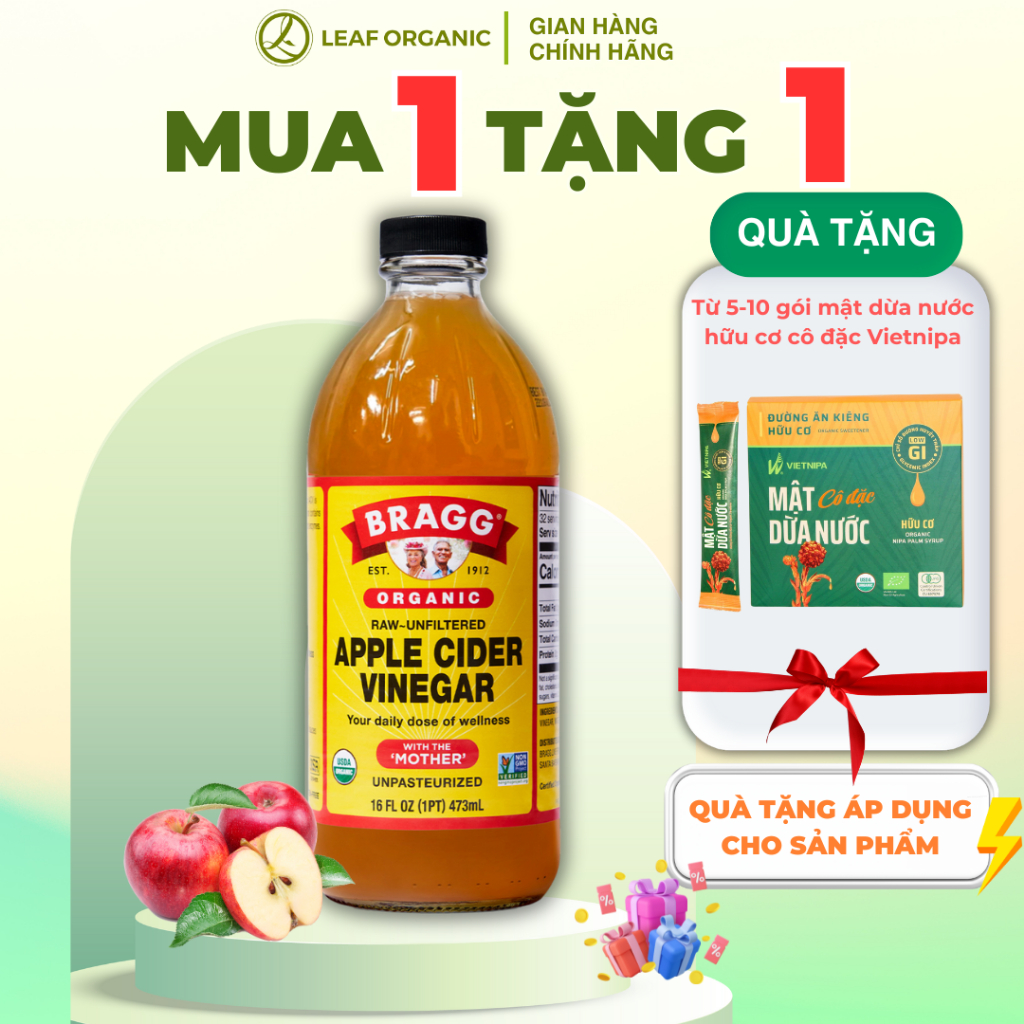 Giấm táo hữu cơ bragg hàng Mỹ chứa con giấm mẹ 473ml, 946ml