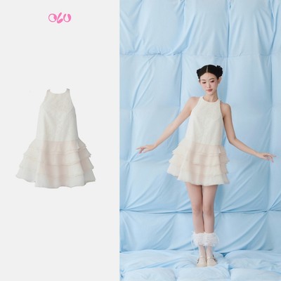 Đầm yếm OLV dáng suông xếp tầng tiểu thư Ivory Chiffon Halter Neck Layered Mini Dress ngọt ngào