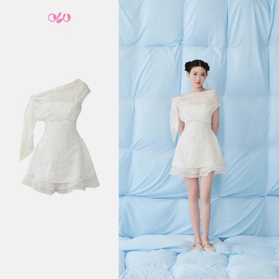 Đầm OLV lệch vai chất tơ rũ thanh lịch Ivory Chiffon One Shoulder Layered Mini Dress đi tiệc đi chơi
