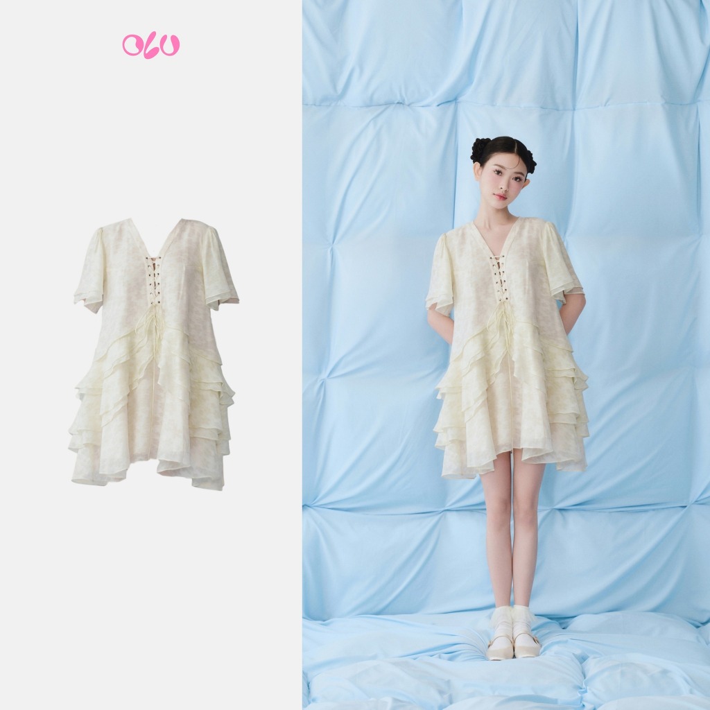 Đầm suông babydoll cổ V phối dây xếp tầng Cream Chiffon Layered Laced Up Loose Dress đi chơi OLV
