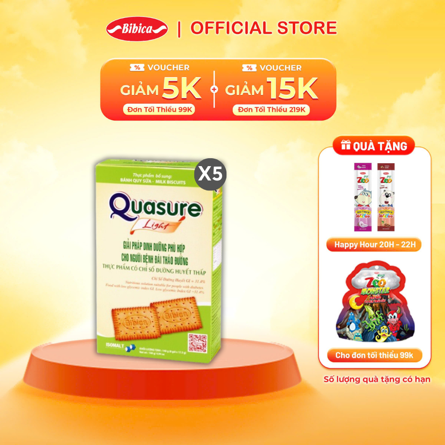 Combo 5 Hộp Bánh Quy Quasure Light Sữa Bibica 140g - Thực phẩm dành cho người ăn kiêng, tiểu đường