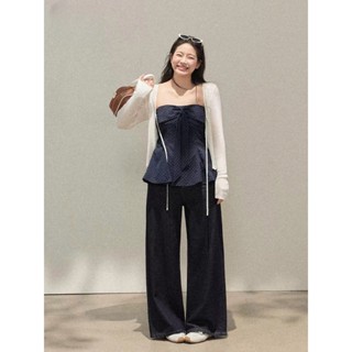    Bigsize 55-100kg  Set áo quây chấm bi nơ ngực phối cardigan trắng 