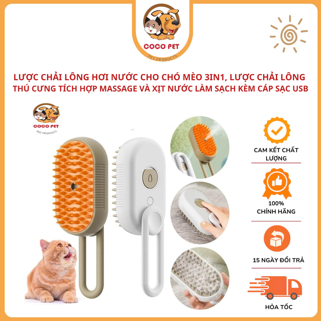 Lược Chải Lông Hơi Nước Cho Chó Mèo 3in1, Lược Chải Lông Thú Cưng Tích Hợp Massage Và Xịt Nước Làm Sạch Kèm Cáp Sạc USB