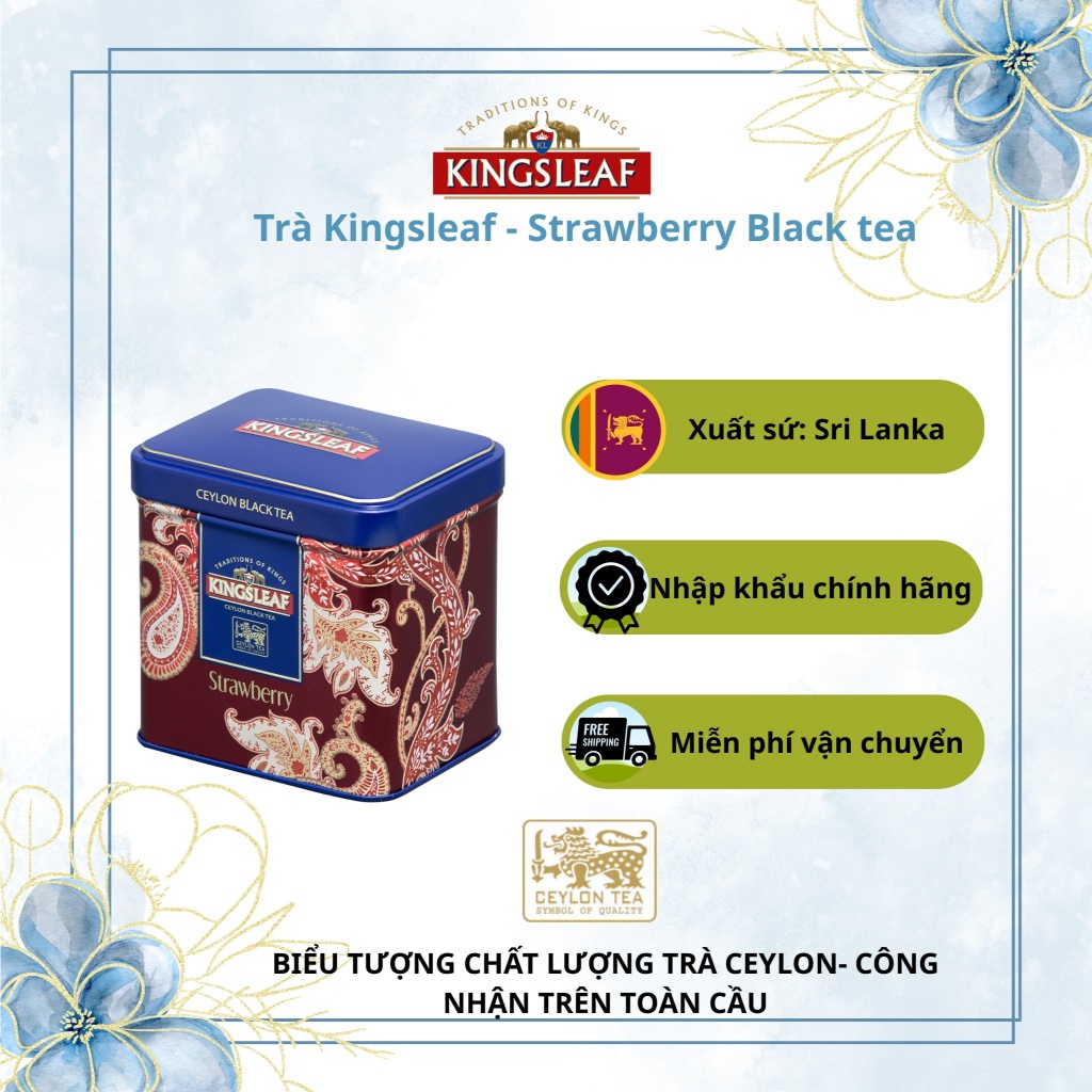 [NHẬP KHẨU ĐỘC QUYỀN] trà đen, Trà từ Srilanka, Kingsleaf- Hộp sắt màu đỏ hương dâu tây