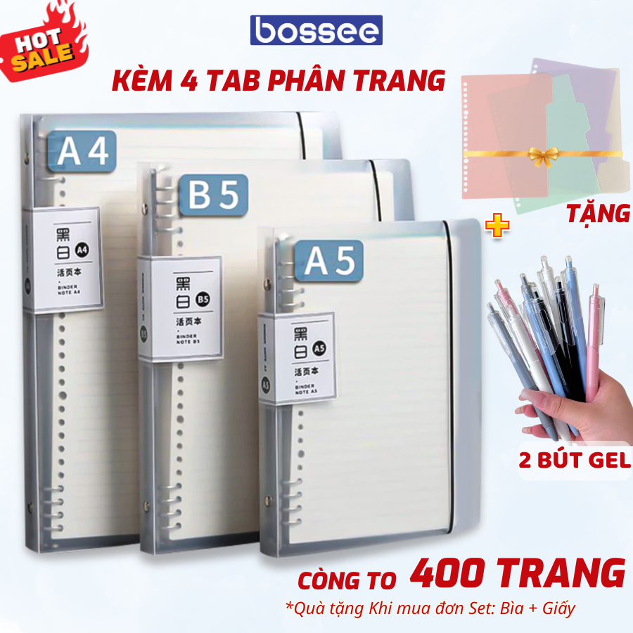Sổ Còng A5/B5/A4 Kèm Tab Phân Trang, Full Set Sổ 120 Trang Kèm Quà, Giấy Refill 4/9/6/20/26/30 Lỗ
