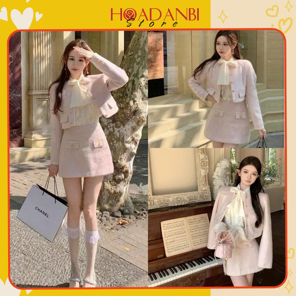 Set áo dạ nữ hồng nhạt cúc ngọc chạy viền kèm chân váy A phong cách tiểu thư, Set Dạ Ép Sang Chảnh