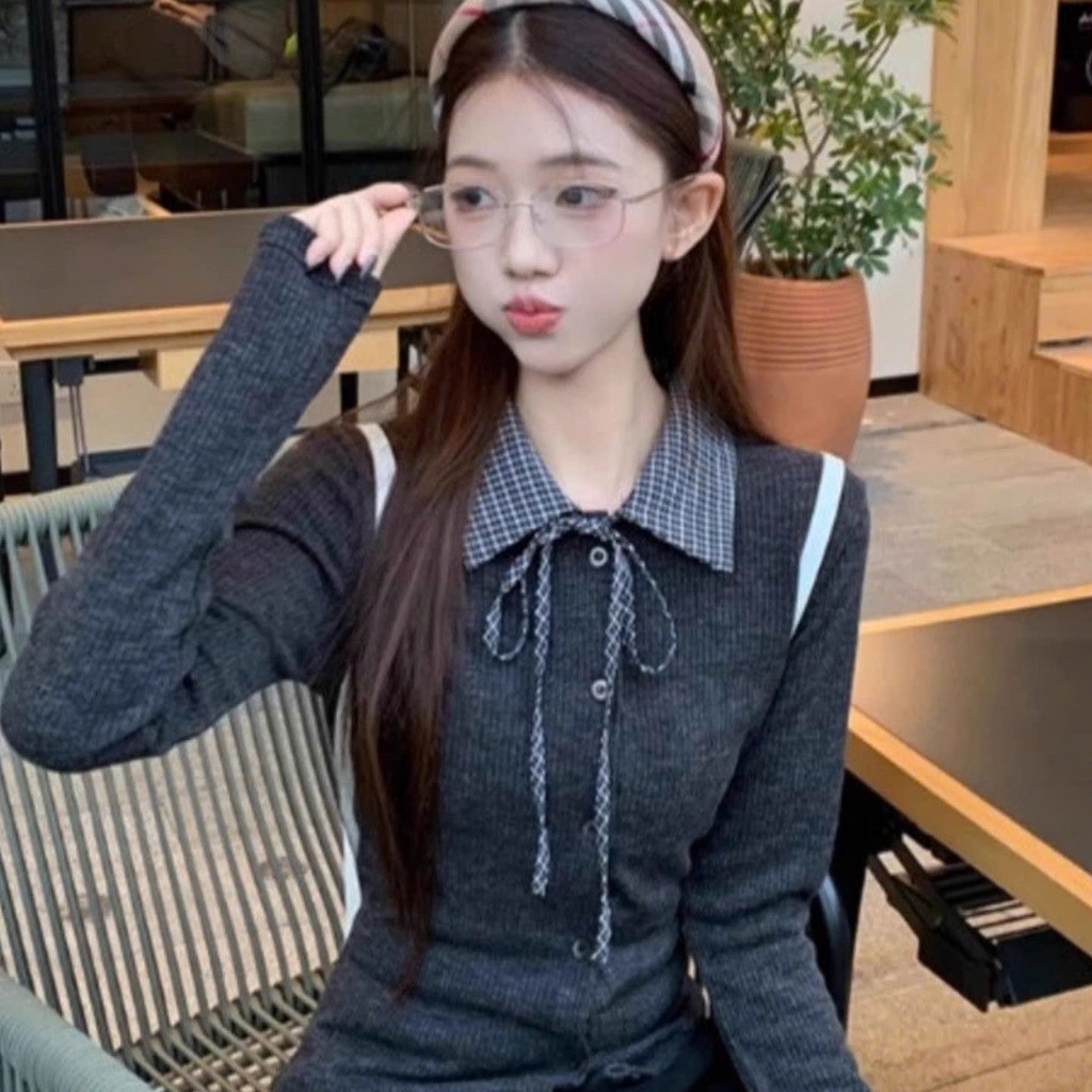(CÓ ẢNH THẬT) Áo len dệt kim 𝒀𝒖𝒎𝒎𝒚 cổ sơ mi caro thắt nơ, Áo thun gân dài tay form ôm AL51 | BigBuy360 - bigbuy360.vn