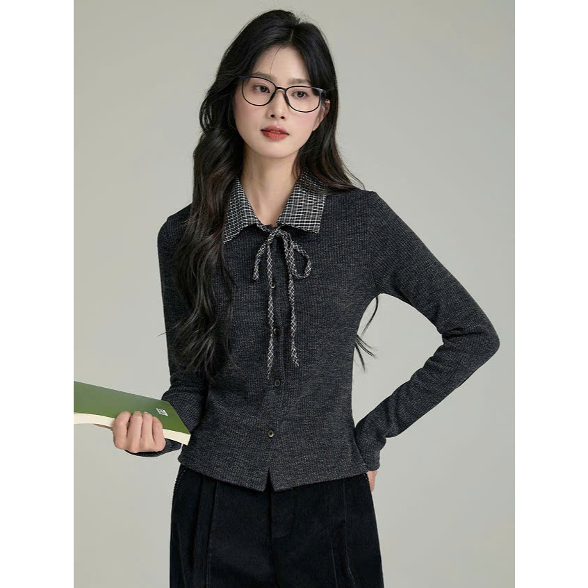 (CÓ ẢNH THẬT) Áo len dệt kim 𝒀𝒖𝒎𝒎𝒚 cổ sơ mi caro thắt nơ, Áo thun gân dài tay form ôm AL51 | BigBuy360 - bigbuy360.vn