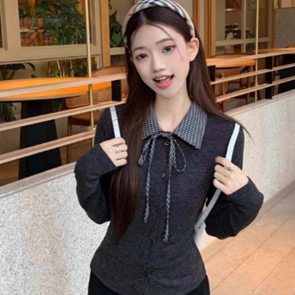 (CÓ ẢNH THẬT) Áo len dệt kim 𝒀𝒖𝒎𝒎𝒚 cổ sơ mi caro thắt nơ, Áo thun gân dài tay form ôm AL51 | BigBuy360 - bigbuy360.vn