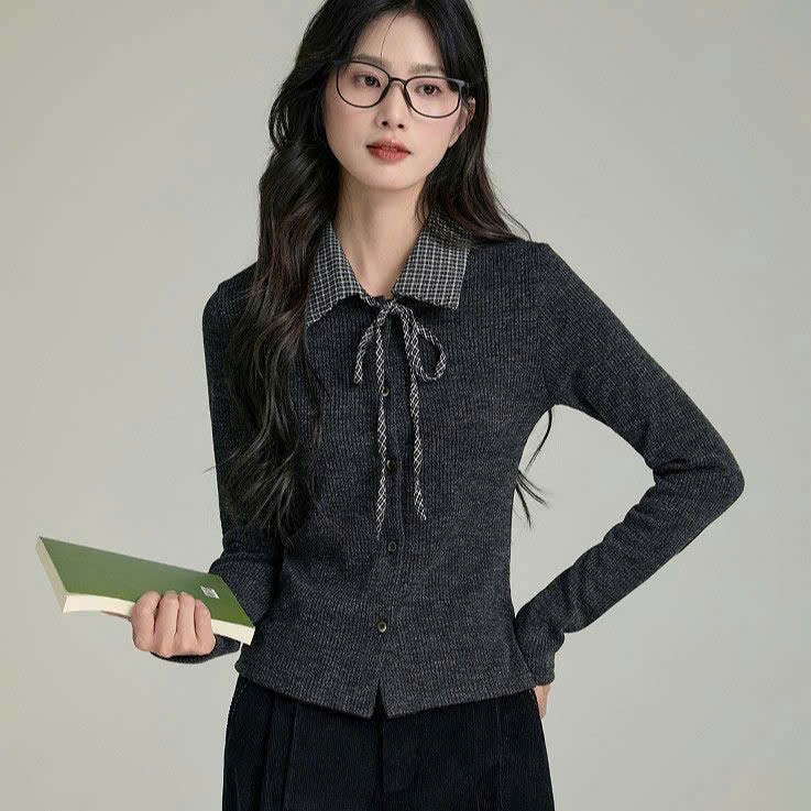 (CÓ ẢNH THẬT) Áo len dệt kim 𝒀𝒖𝒎𝒎𝒚 cổ sơ mi caro thắt nơ, Áo thun gân dài tay form ôm AL51 | BigBuy360 - bigbuy360.vn