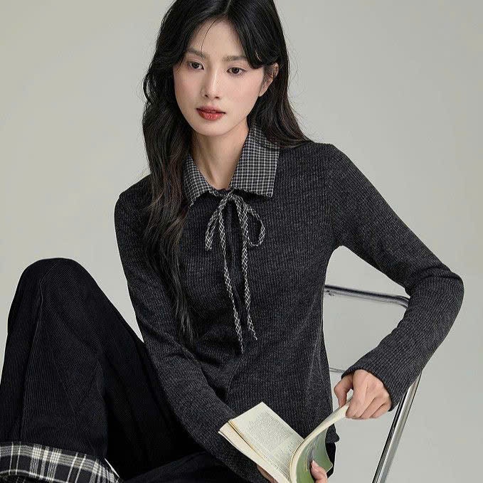 (CÓ ẢNH THẬT) Áo len dệt kim 𝒀𝒖𝒎𝒎𝒚 cổ sơ mi caro thắt nơ, Áo thun gân dài tay form ôm AL51 | BigBuy360 - bigbuy360.vn