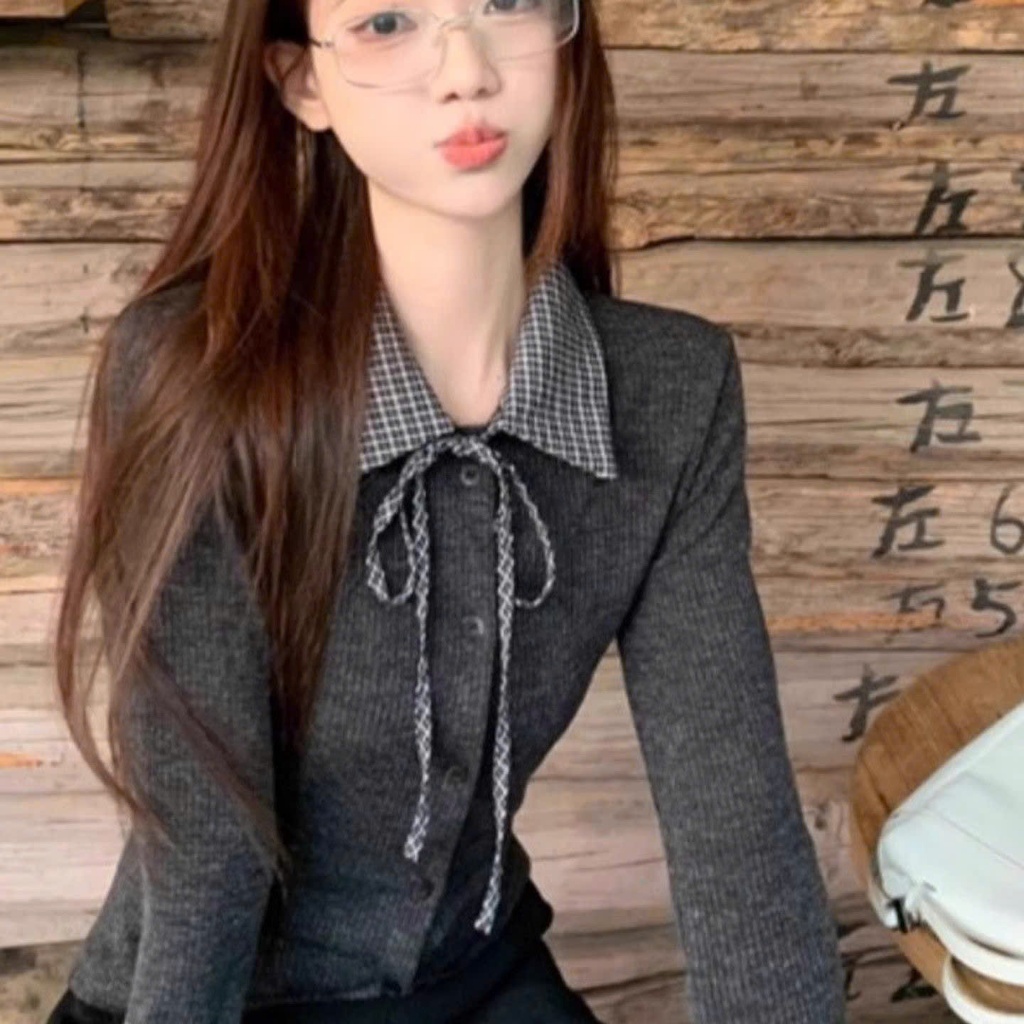 (CÓ ẢNH THẬT) Áo len dệt kim 𝒀𝒖𝒎𝒎𝒚 cổ sơ mi caro thắt nơ, Áo thun gân dài tay form ôm AL51 | BigBuy360 - bigbuy360.vn