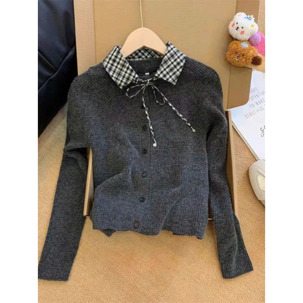 (CÓ ẢNH THẬT) Áo len dệt kim 𝒀𝒖𝒎𝒎𝒚 cổ sơ mi caro thắt nơ, Áo thun gân dài tay form ôm AL51 | BigBuy360 - bigbuy360.vn