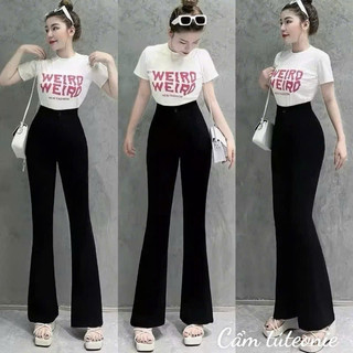  Quần Tây Nữ Ống Loe Cạp Cao Có Túi Dáng Dài 1 2 Nút Cài Tôn Dáng Màu Đen Quần Ống Loe Lưng Cao Vải Dày Dặn Đi Học Đi Làm 