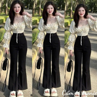  Quần ống loe cạp cao dáng dài 1 2 nút cài tôn dáng màu Đen đẹp Quần tây ống loe lưng cao vải dày mềm đi học làm công sở 