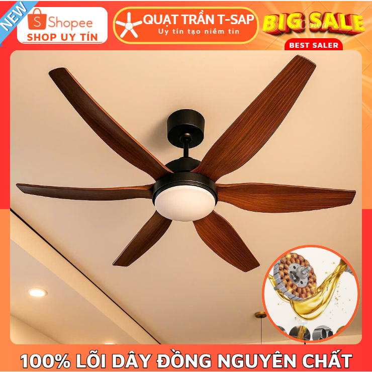 [Động cơ DC inverter-lõi đồng] Quạt Trần Đèn 6 Cánh FT905, 6 Cấp Độ Gió, 3 Chế Độ Đèn, Điều Khiển Từ