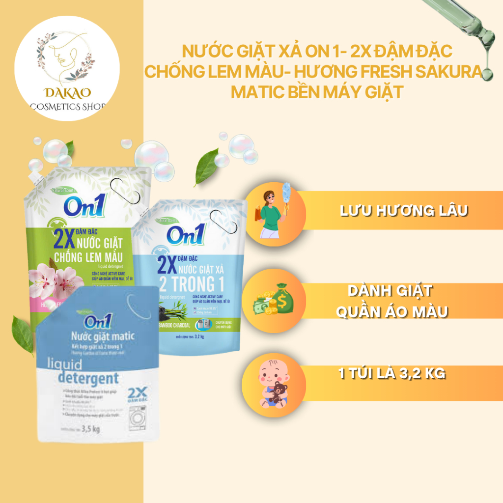 Túi nước giặt xả On1 sạch khuẩn, khử mùi ẩm mốc, kết hợp giặt xả 2 trong 1 (3.5kg/ túi)
