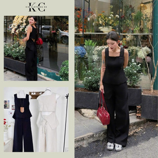  KIM | Set linen áo cổ vuông hai dây bảng form peplum xoè cột nơ sau + quần suông ống rộng style cá tính 