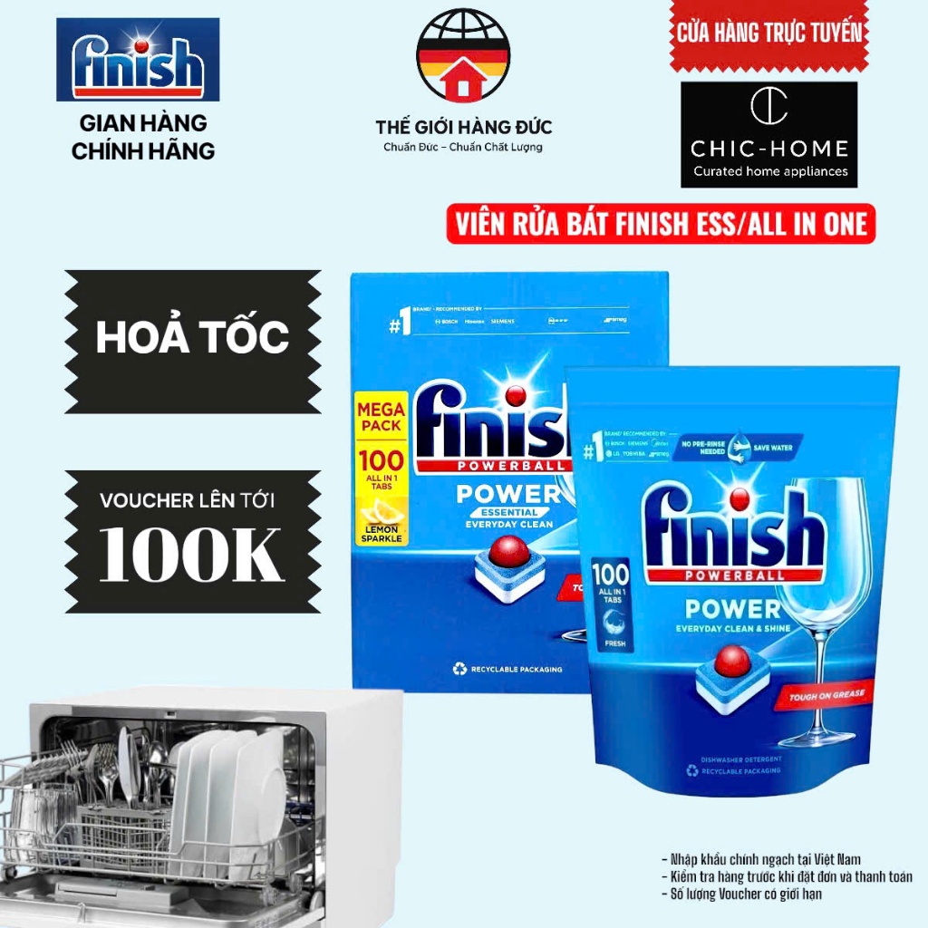 (6x) Viên rửa bát Finish Power Essential hộp 100 viên hương chanh [Nhập khẩu Chính Hãng]