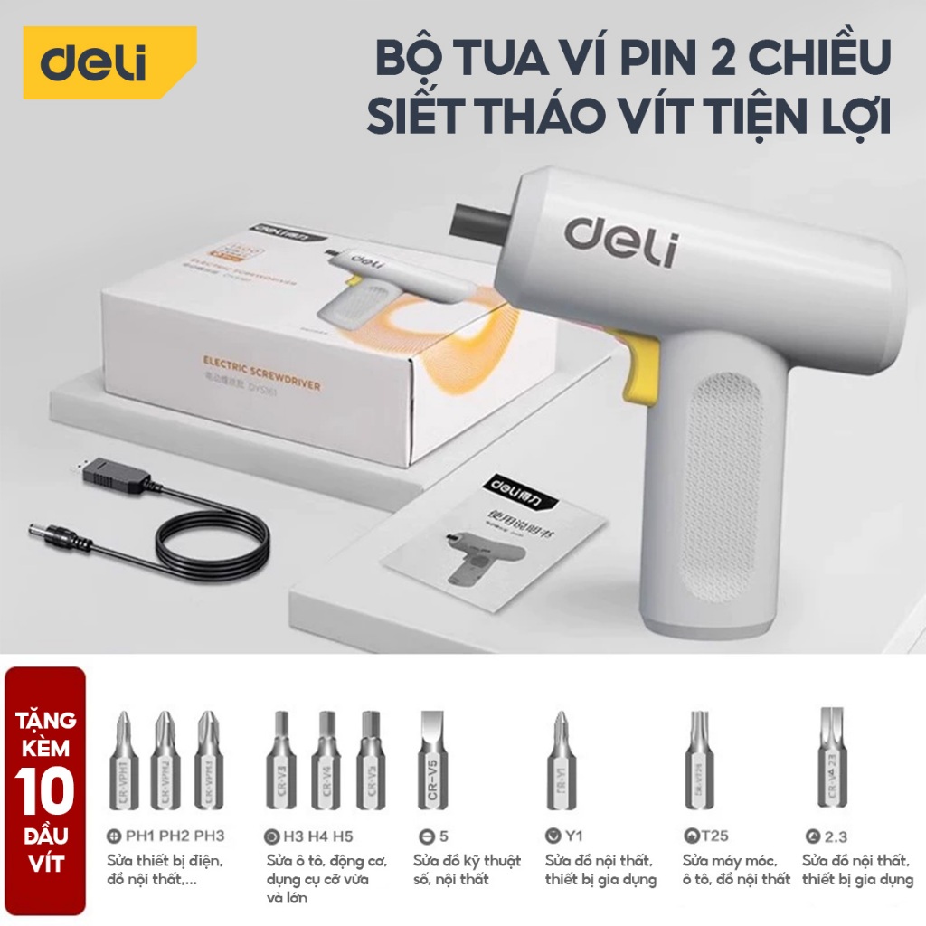 Bộ tua vít pin tặng 10 đầu vít Deli Tools Cao Cấp -  Máy vặn vít Từ Tính Đa Năng 2 Chiều