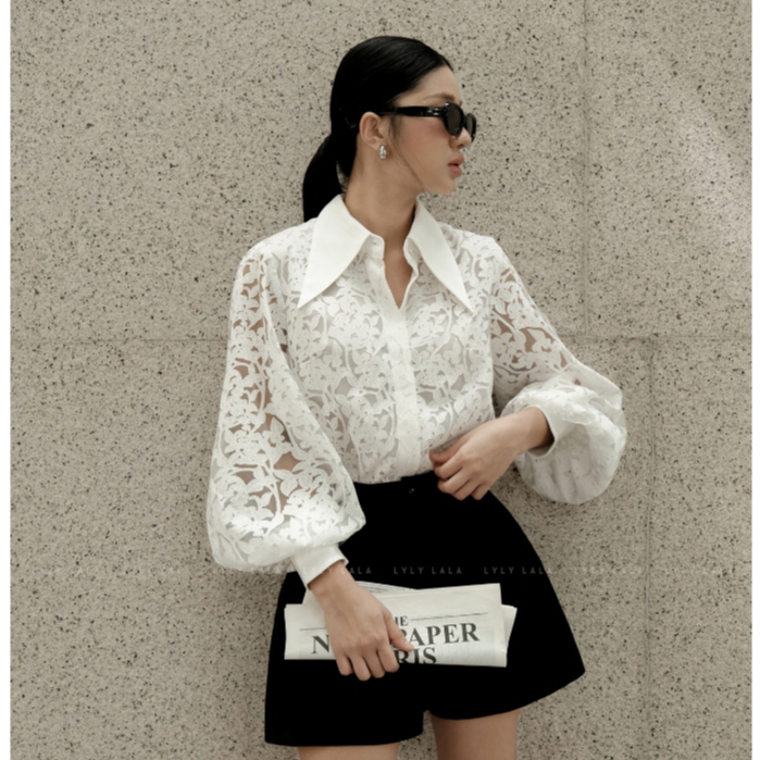 Áo sơ mi nữ tay dài Calla Shirt thiết kế ren kiểu cổ nhọn thanh lịch by LYLY LALA | BigBuy360 - bigbuy360.vn