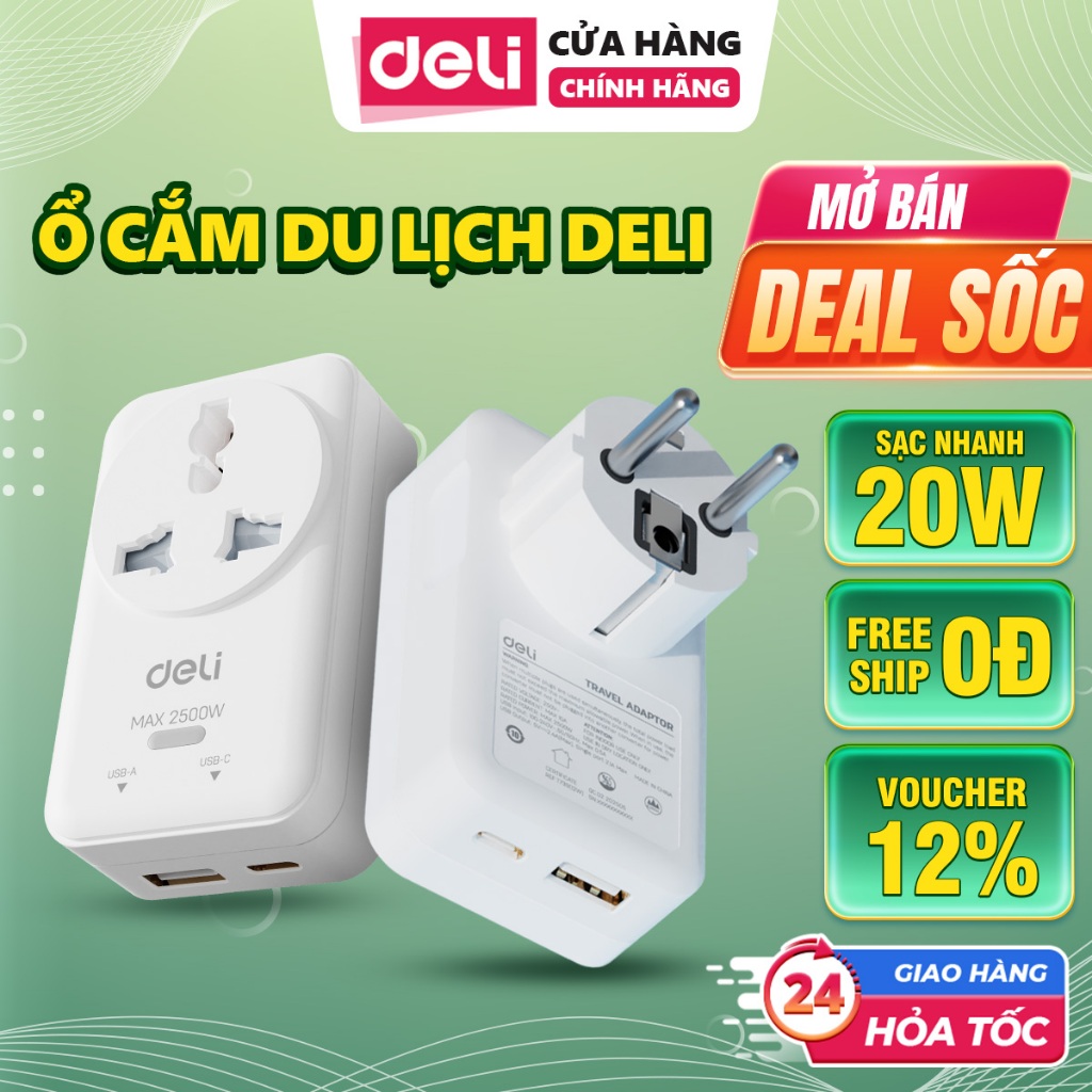 [TẶNG LÌ XÌ] Ổ Cắm Chia Điện Deli, Ổ Cắm Điện Du Lịch Kèm USB TypeC Sạc Nhanh PD20W Ổ Điện Không Dây