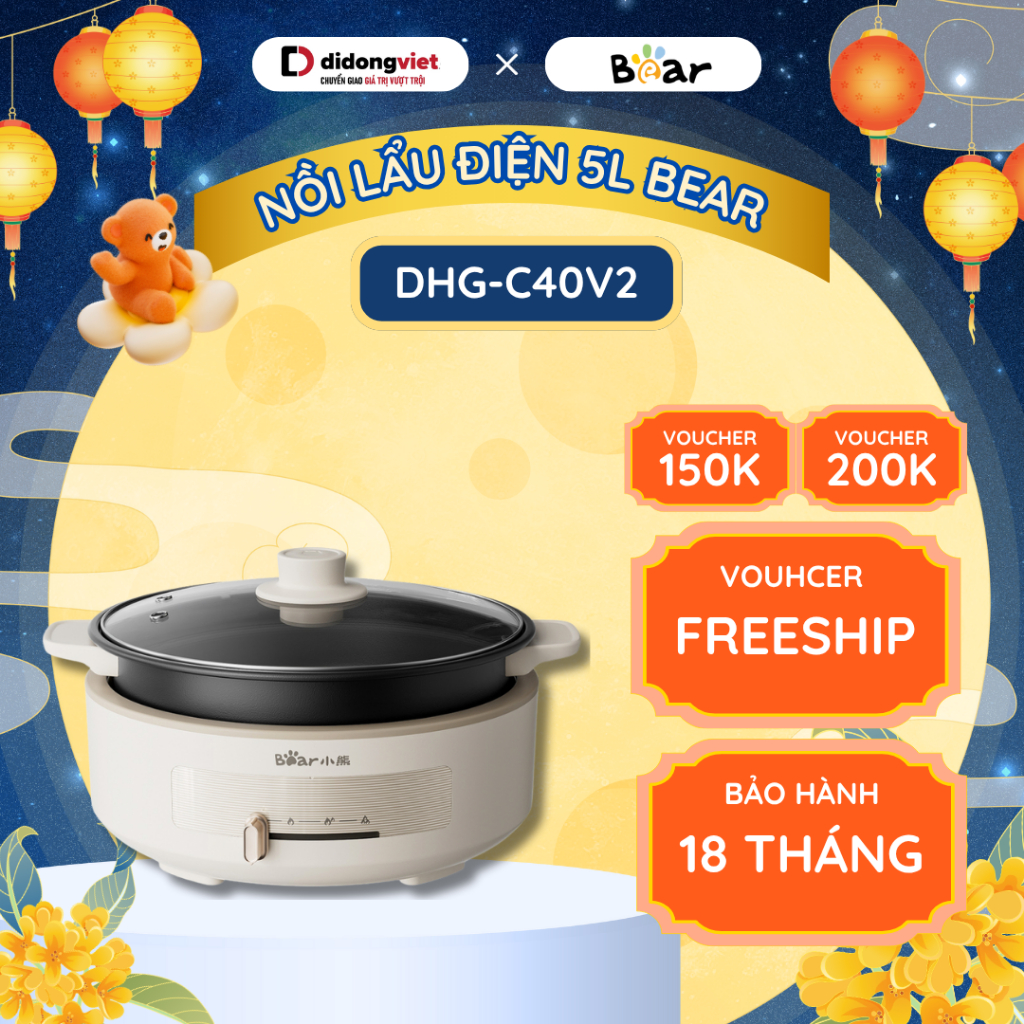 Nồi Lẩu Điện Đa Năng 4L Bear DHG-C40V2 (HP-4H40F ) | Nút gạt nhiệt độ - Tỏa nhiệt nhanh, phù hợp 4 -