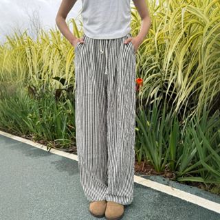 Quần xuông bigsize nữ kẻ sọc ống rộng lưng chun co giãn tôn dáng vải đũi sọc mặc mát - Q534