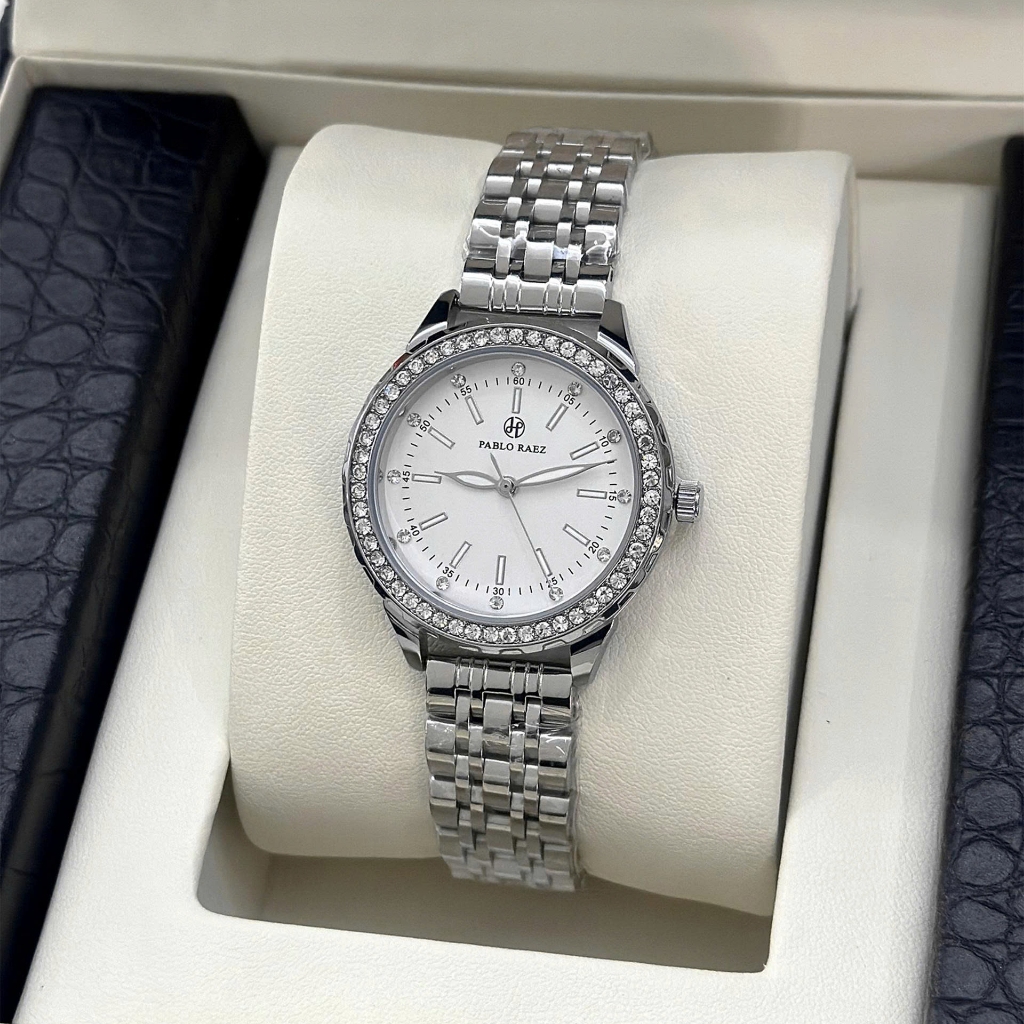 Đồng hồ nữ dây thép cao cấp PABLO RAEZ A806 viền đính đá mặt số phát sáng phong cách Hàn Quốc 34mm