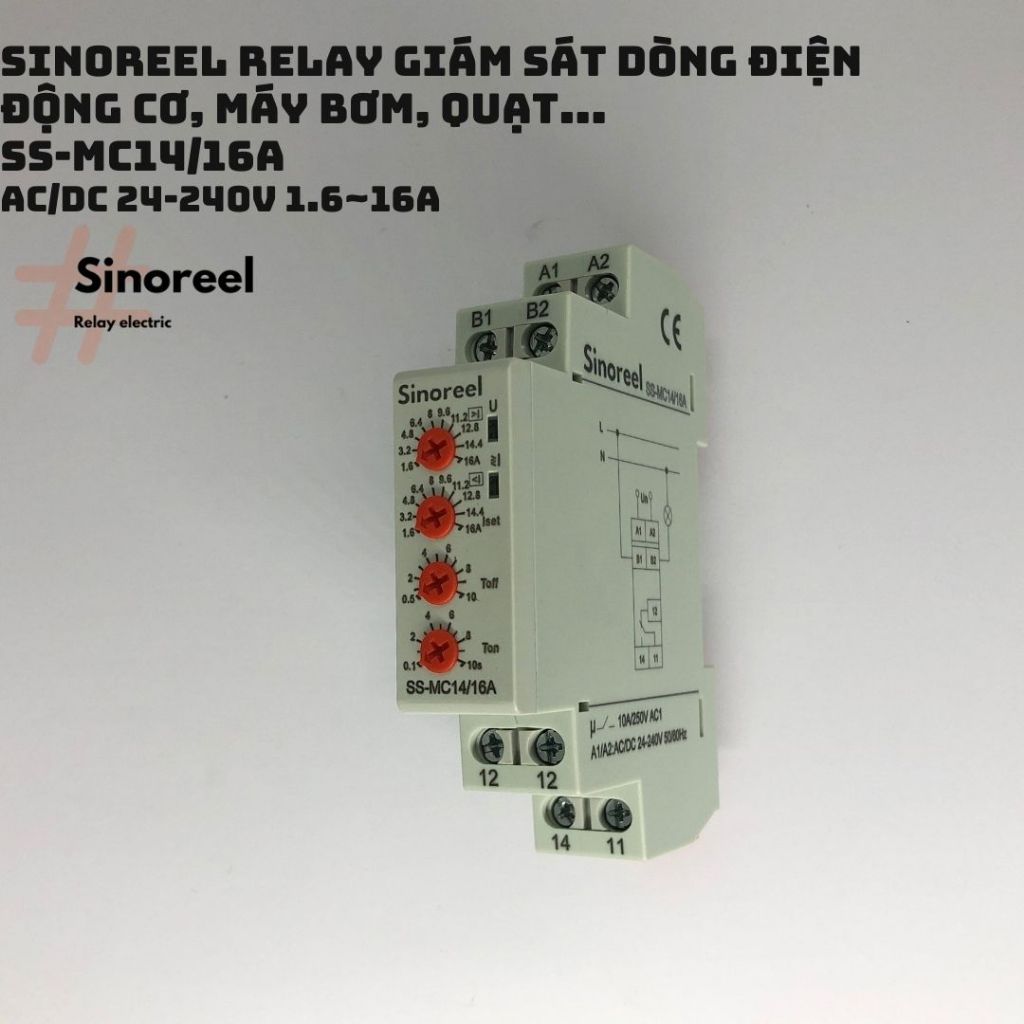 Relay giám sát dòng điện động cơ, bơm, quạt... SS-MC14/16A, 24-240Vac/dc, 1.6-16A Sinoreel