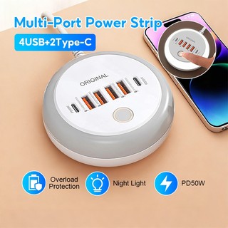 Bộ Sạc Nhanh 6 in 1 4 USB+2 Type C PD 50W,Ổ Cắm Điện Đa Năng Thông Minh,Củ Sạc Nhanh Kèm Đèn Ngủ