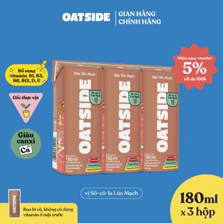 Sữa yến mạch OATSIDE vị Sô-cô-la lúa mạch Chocolate lốc 180ml x 3 - Không lactose, Đậm vị, Làm từ Cacao thật