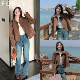 Áo Khoác Da Lộn Forly Offical Áo Khoác Da Nhẹ Dáng Croptop Cúc Đồng T208