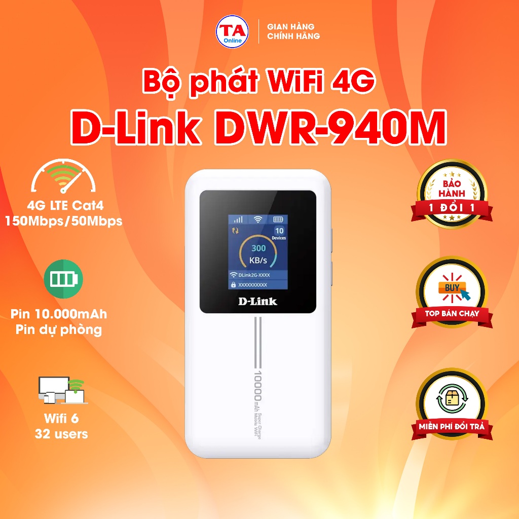 Bộ Phát Wifi 4G LTE Cat4 Pin 10.000mAh Kiêm Pin Dự Phòng D-Link DWR-940M Wifi 6 32 thiết bị kết nối