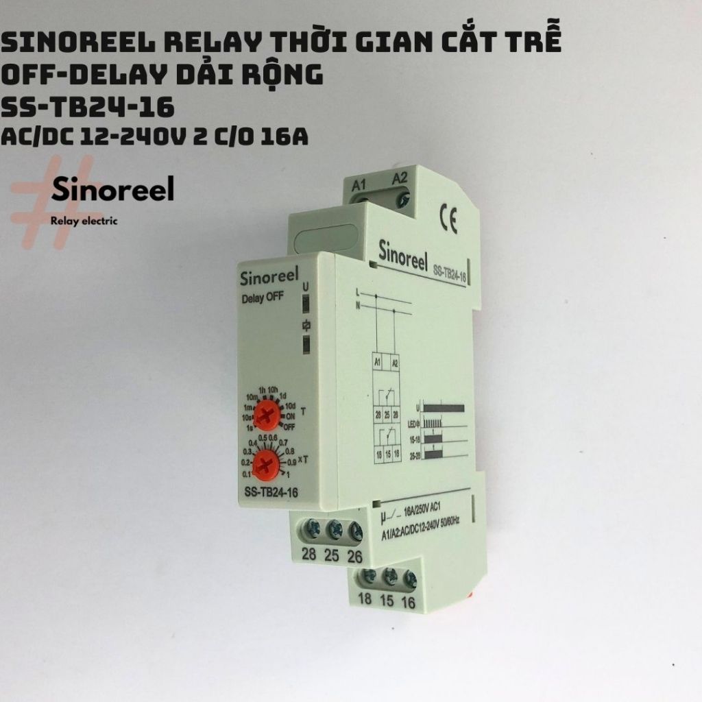 Relay thời gian cắt trễ off delay dải rộng SS-TB24-16A, 12-240Vac/dc, 2C/O 16A Sinoreel