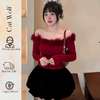 Áo thun kiểu tay dài trễ vai viền lông cổ, Áo ôm body bẹt vai viền lông Áo lệch vai ôm thắt eo basic
