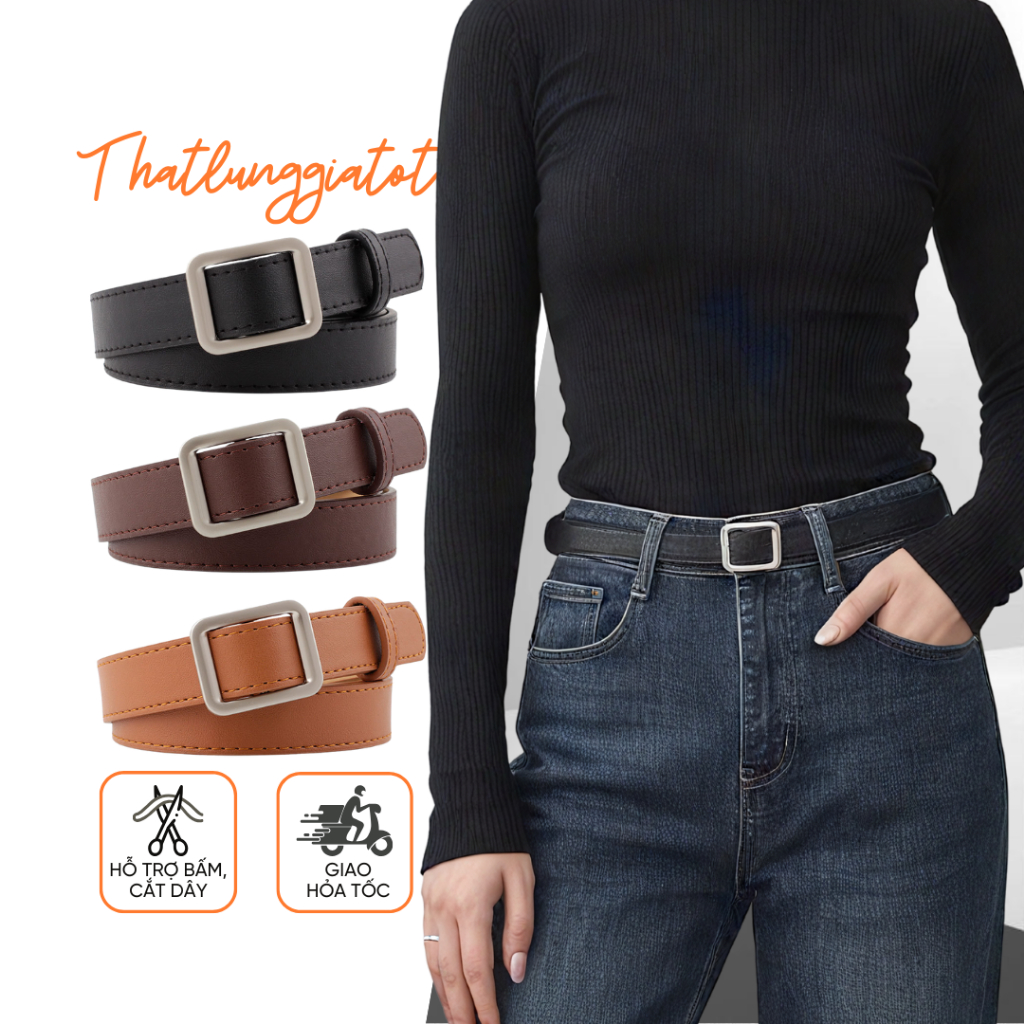 Dây nịt nữ TL006 thắt lưng nữ không lỗ mặt chữ nhật phong cách Hàn Quốc 2.3cm - Thắt Lưng Giá Tốt