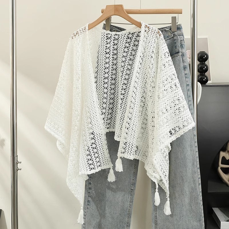 Áo Khoác Cardigan Ren Dệt Kim Dáng Rộng Thiết Kế Tua Rua Vintage, Chất Mỏng Mềm Mại, Dễ Phối Đồ, Phù Hợp Du Lịch & Dạo