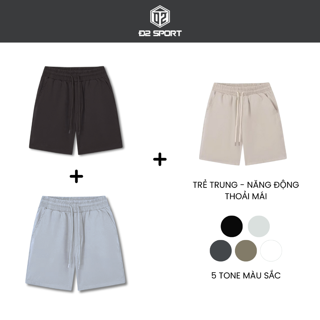 Combo Quần Short Thể Thao Nam D2 Sport Chất Vải Kaki Gió, Thoải Mái, Thấm Hút Mồ Hôi