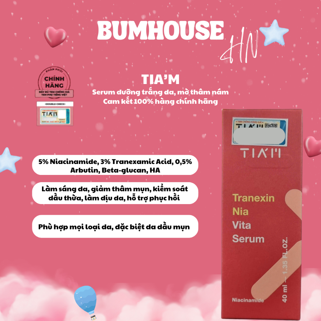 Serum Dưỡng Trắng, Mờ Thâm Nám Tia’m Tranexin Nia Vita Serum Dành Cho Da Dầu Mụn - 40ml